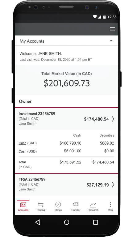 The CIBC Investor’s Edge mobile app detailing an account’s investments and total market value.