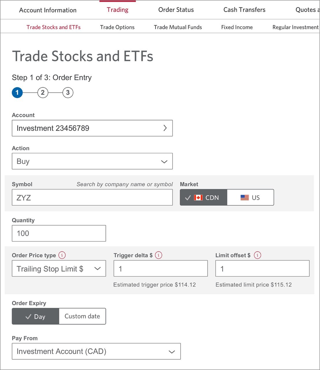 The Trade Stocks and ETFs form.