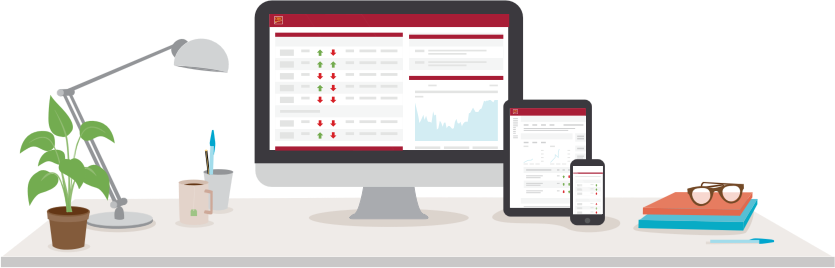 Investor’s Edge tools displayed on a full-size computer monitor, a tablet, and a mobile phone.